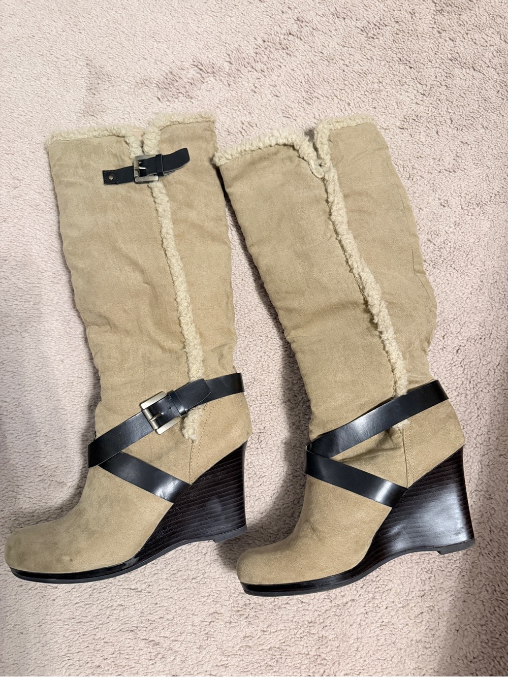 Studio Paolo Tan Suede Wedge Boots with Black Strap Detail